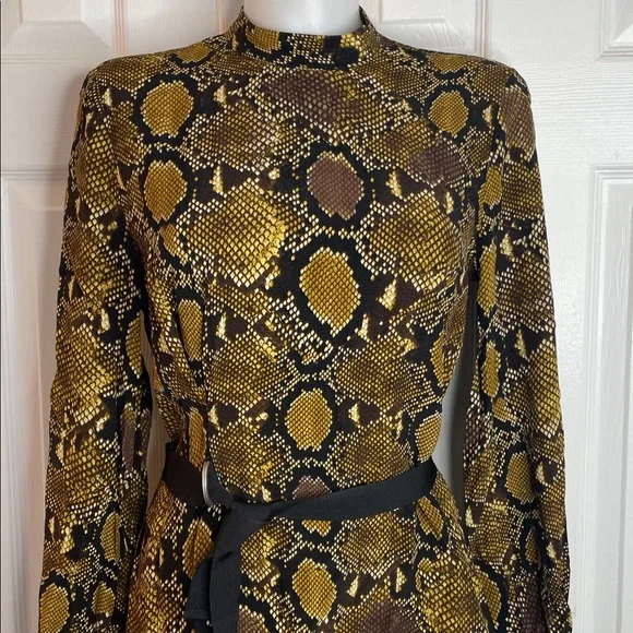 ZARA SNAKESKIN ANIMAL PRINT LONG SLEEVE BELTED BLACK BROWN YELLOW DRESS SZ XS - Picture 7 of 16